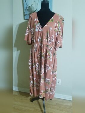 Clay Color Floral Faux-wrap V-Neck Maxi Dress